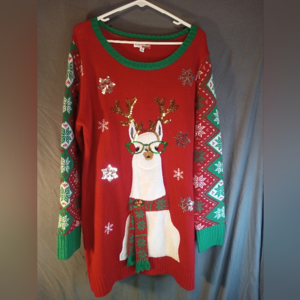 Merrywear Llama Pullover Festive Red and Green Llama Ugly Christmas Sweater